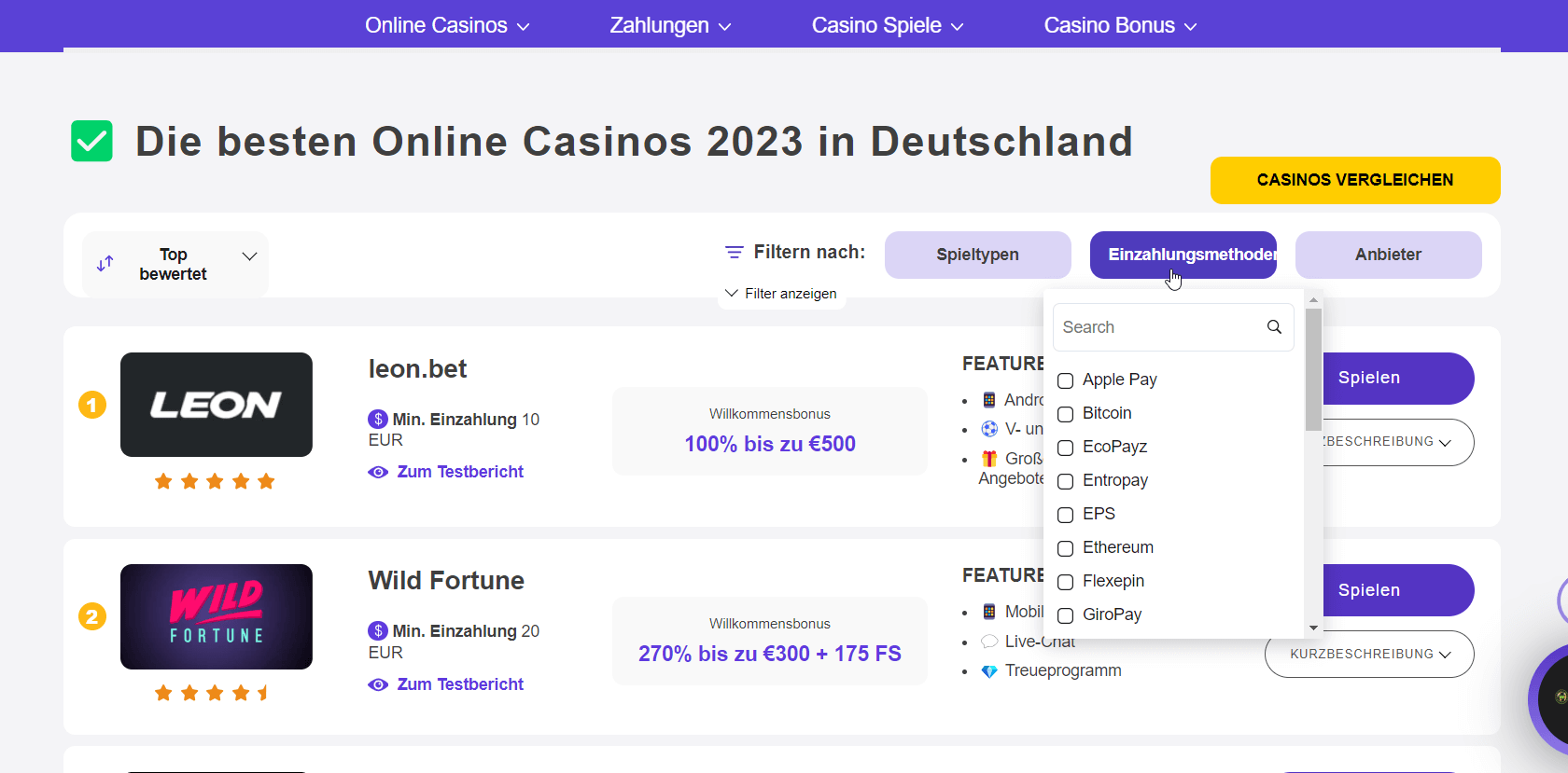 Funktion Filter in der Tabelle
